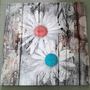 Floral Canvas Art with White and Blue Daisies